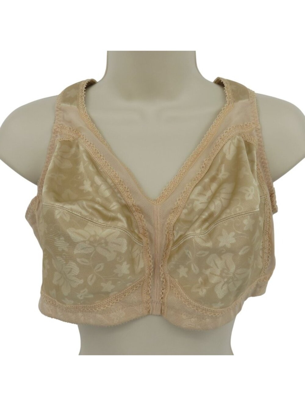 Underscore 44B Bra Wireless Beige Floral Flower Unlined Lace Accent Wide Strap